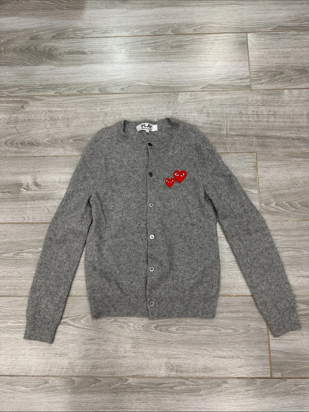 Comme des Garcons PLAY Grey Cardigan with Dual Red Heart Logo L